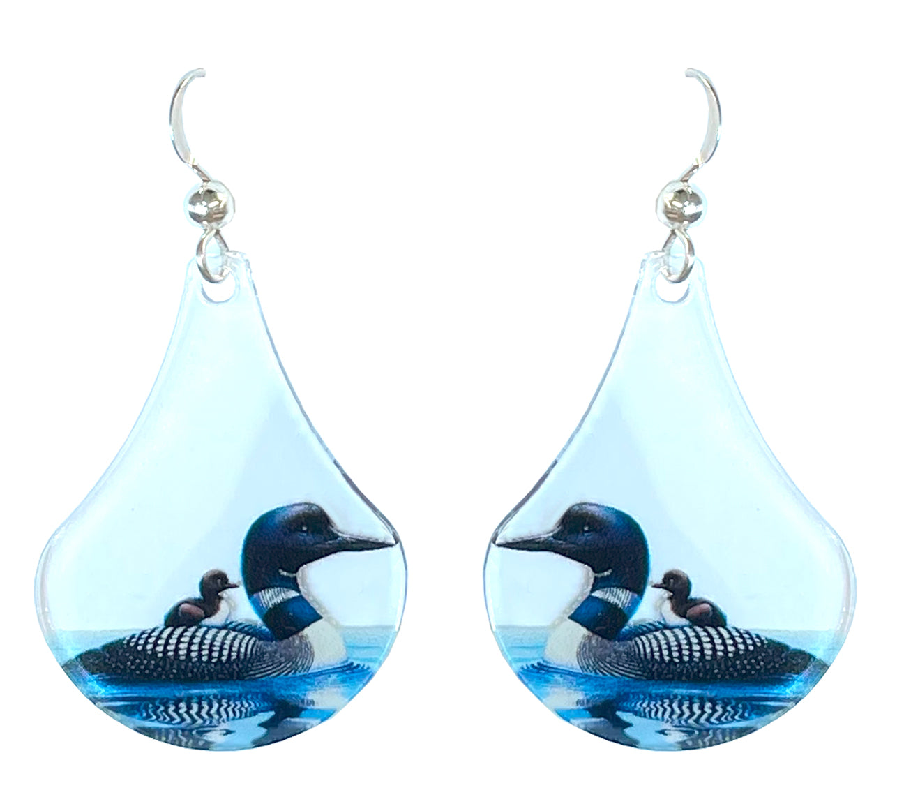 Loon with Baby Bird Acrylic Earrings, non-tarnish Sterling Silver ear wires, #A123 by d'ears