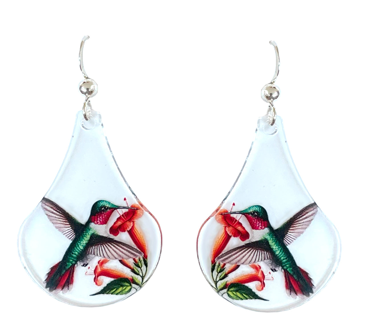 Ruby Throated Hummingbird Acrylic Earrings, non-tarnish Sterling Silver ear wires, #A129 by d'ears
