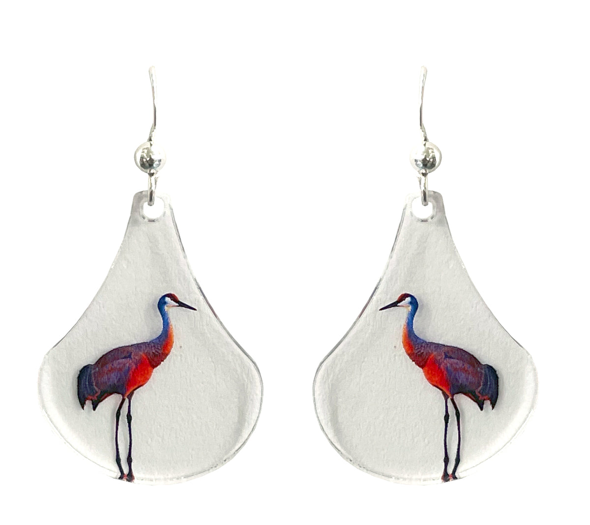 Sandhill Crane Acrylic Bird Earrings, non-tarnish Sterling Silver ear wires, #A155 by d'ears