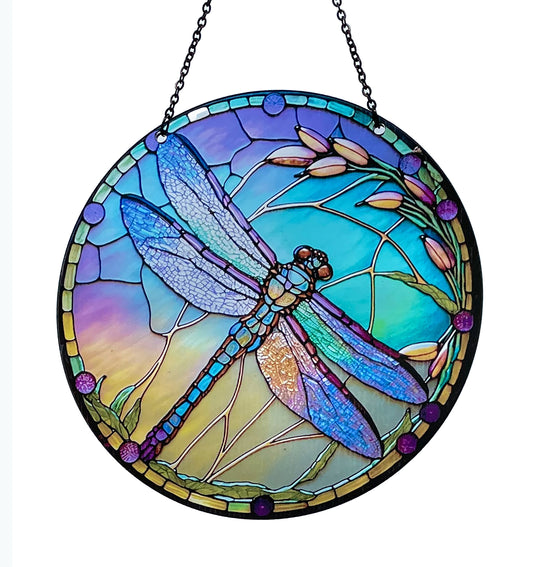 round suncatcher with beautiful blue dragonfly in stained glass look