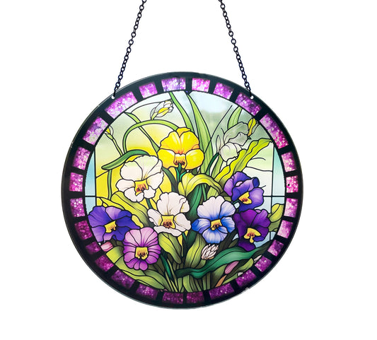 round soundcatcher of yellow, white, lavender and purple pansies