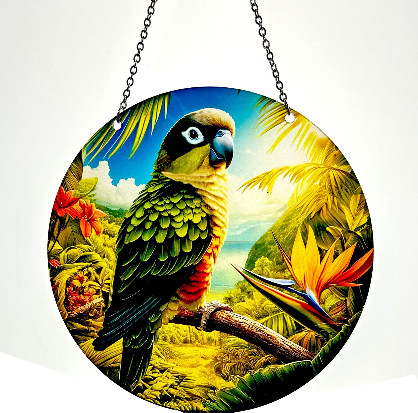 window decor, stained glass, bird gift, exotic birds, colorful birds