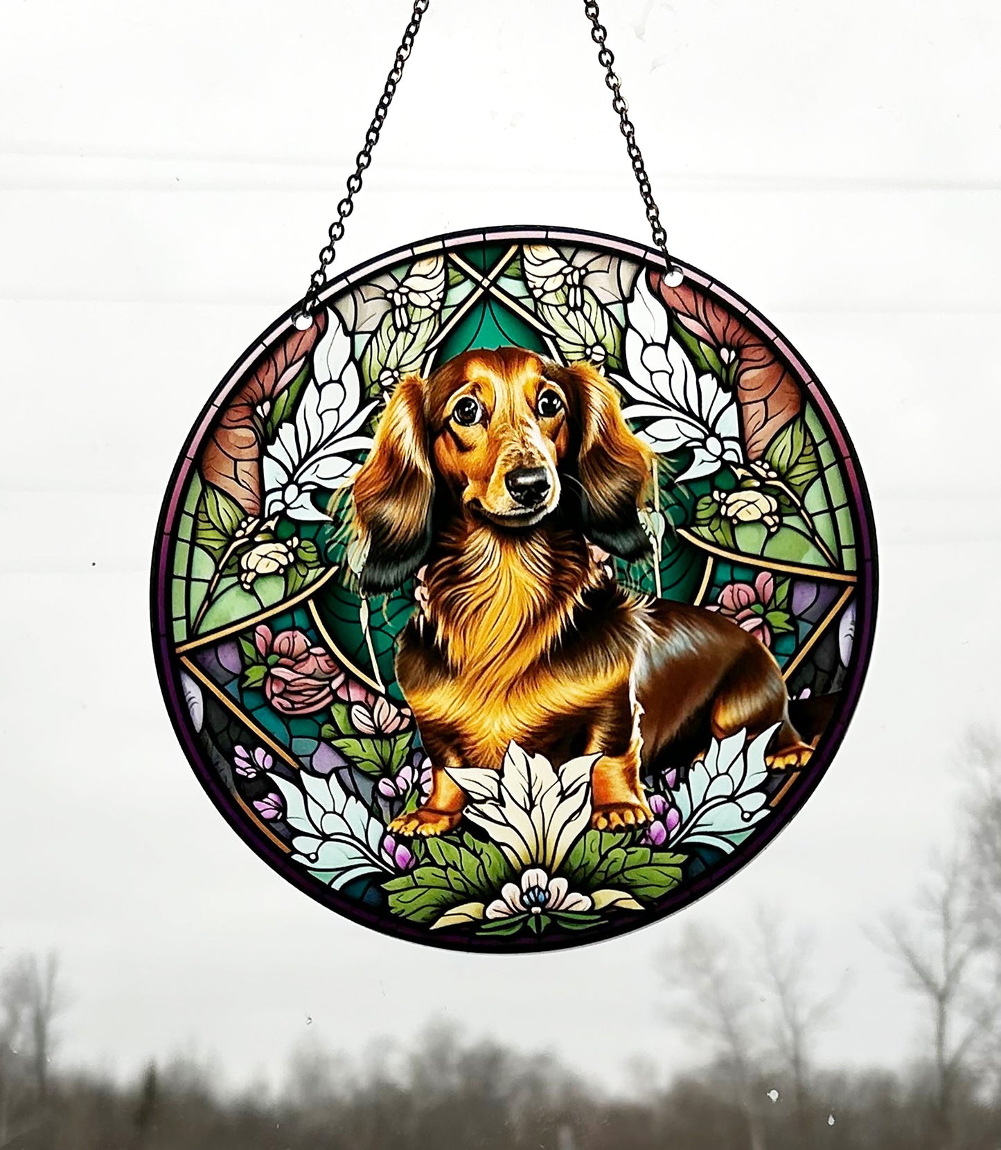 Long Haired Dachshund Acrylic Suncatcher with Chain #SC322