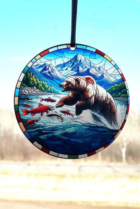 Brown Bear and Salmon Acrylic Window Ornament #SC349