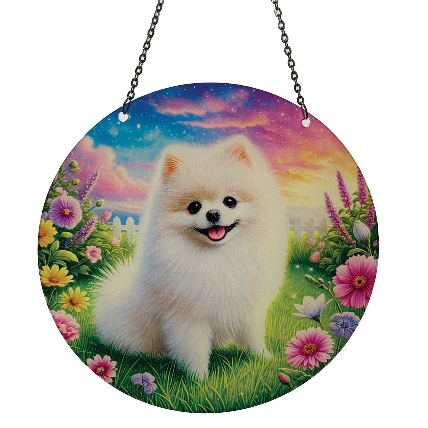 White Pomeranian Acrylic Suncatcher with Chain #SC757 Made in the USA