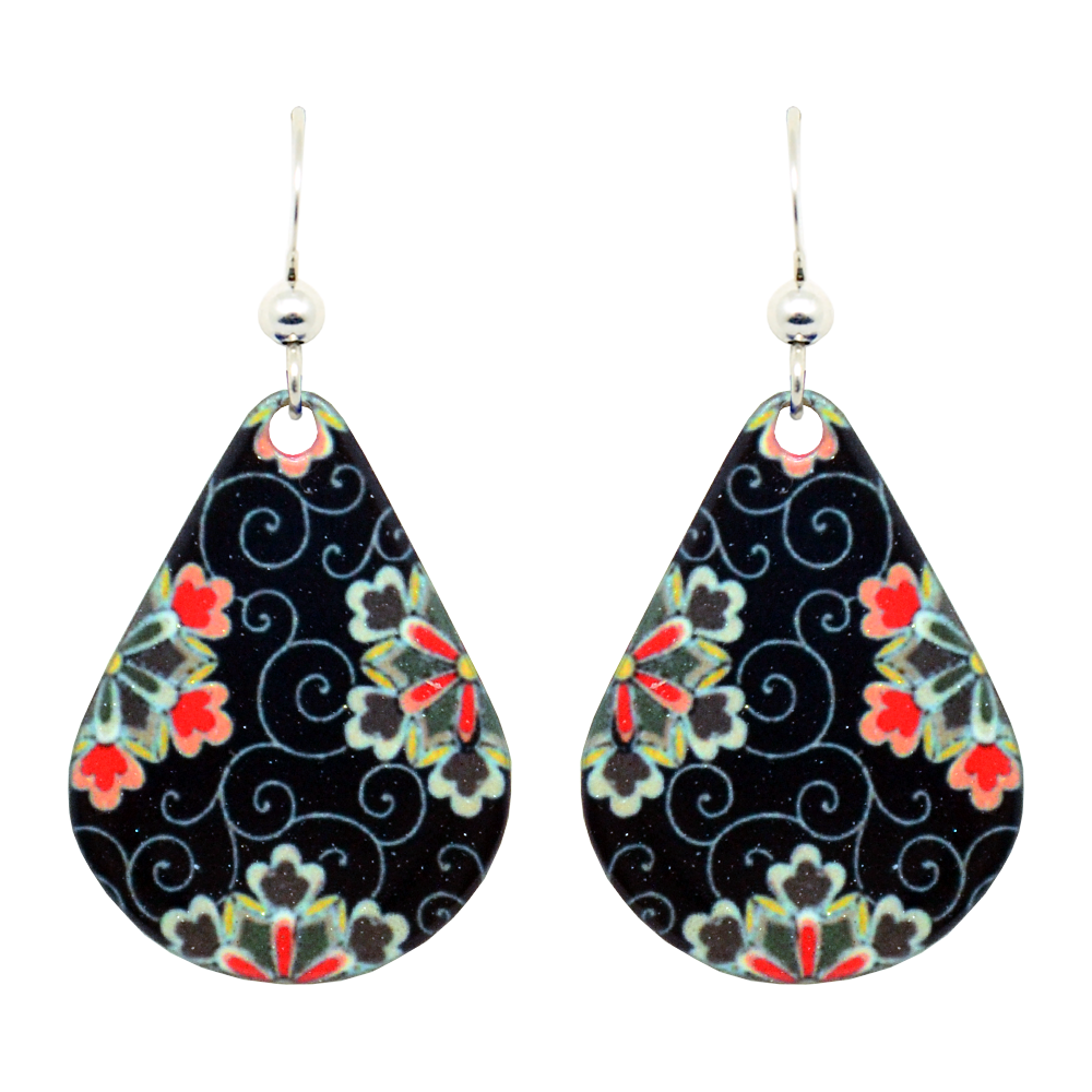 Black Tile Floral Earrings, Sterling Silver Earwires, Item# 1142