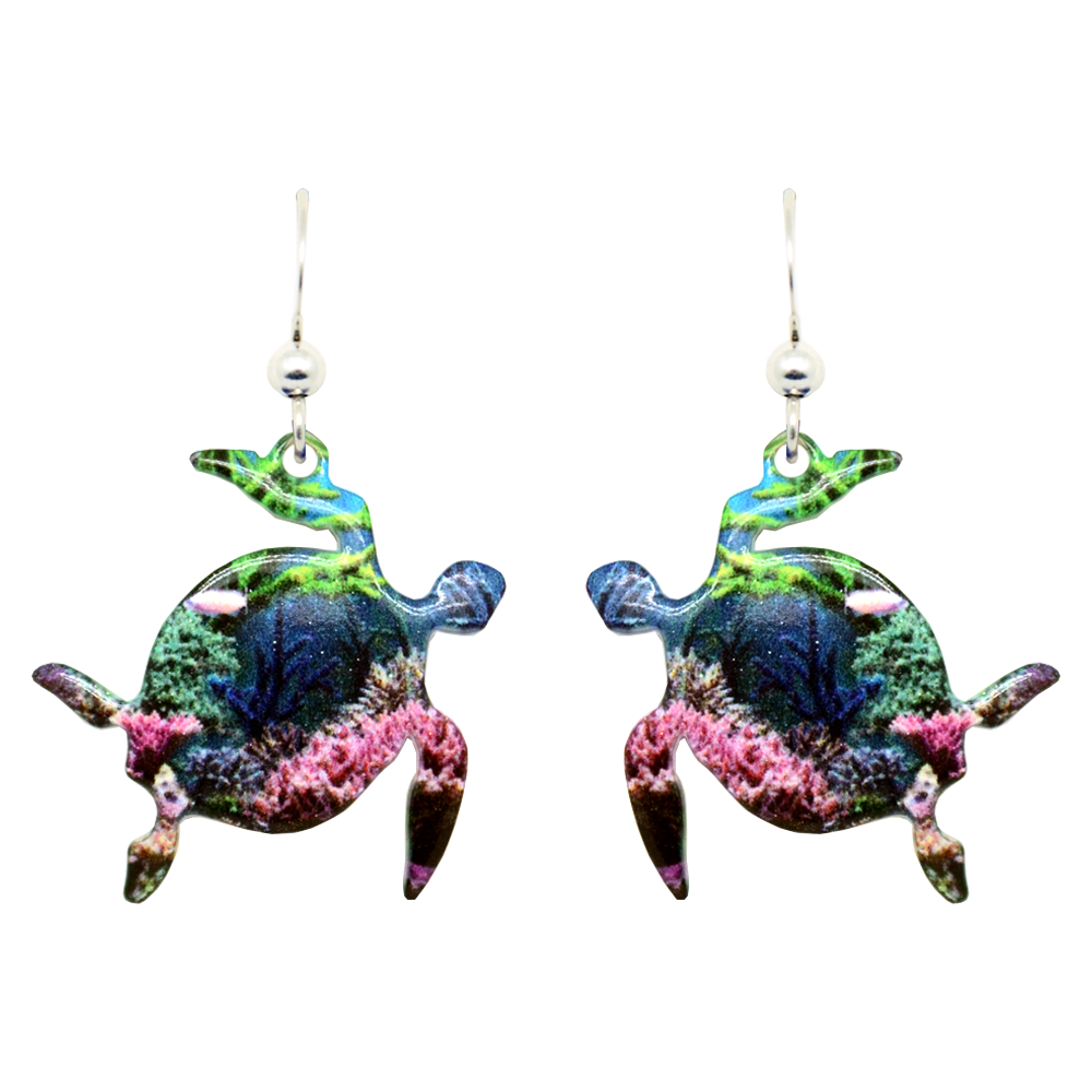 Coral Reef Honu Earrings, sterling silver French hooks, Item# 2021
