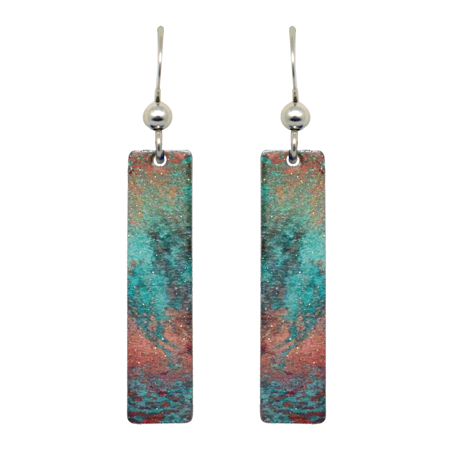 Turquoise Patina 2" Metallic Slender Rectangle Earrings