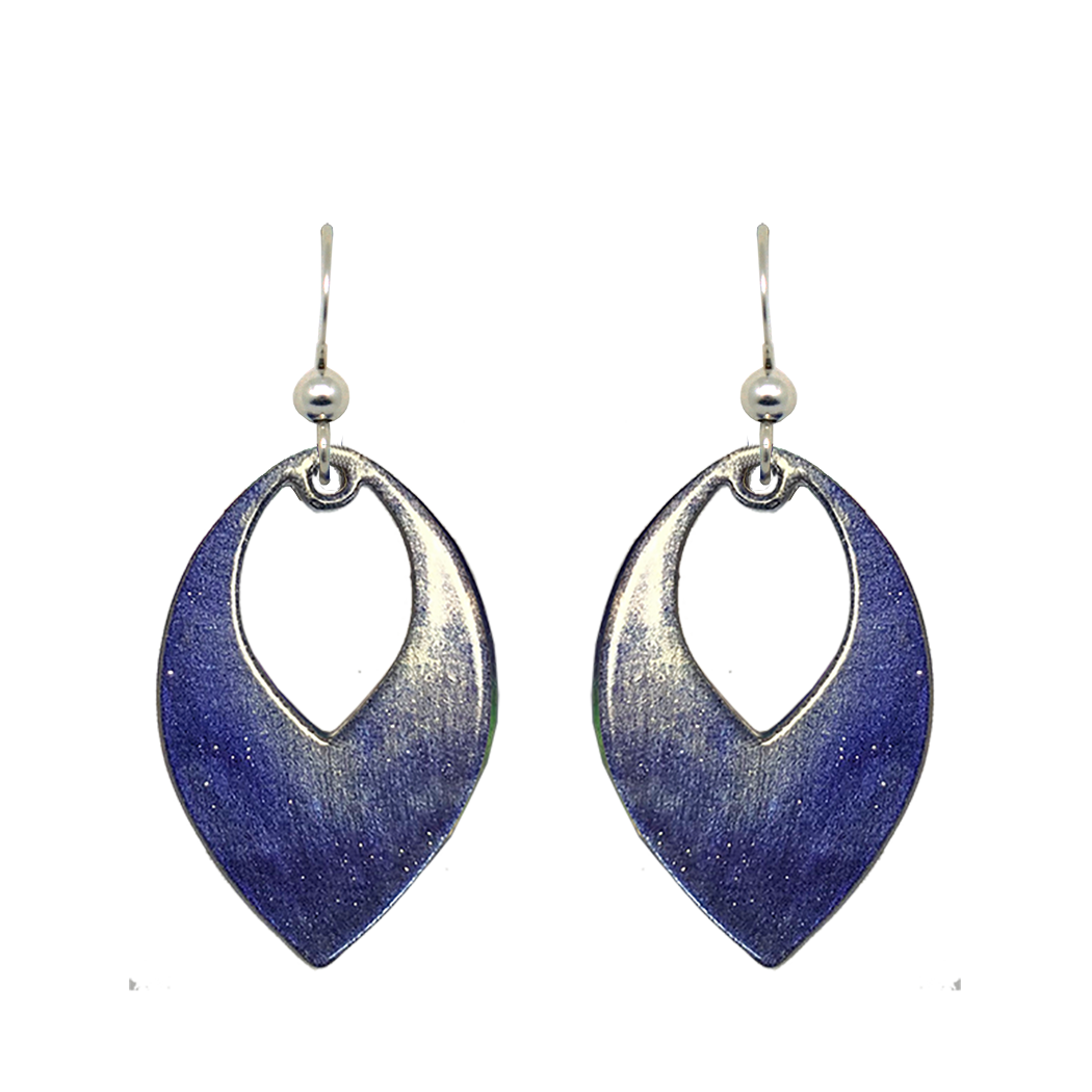 Blue Water Color Metallic 1.5 inch Open Leaf Earrings, Sterling Silver Earwires, Item# 2471