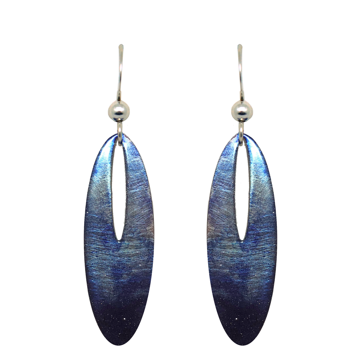 Blue Water Color Metallic 2 inch Slender Oval Eye Earrings, Sterling Silver Earwires, Item# 2476