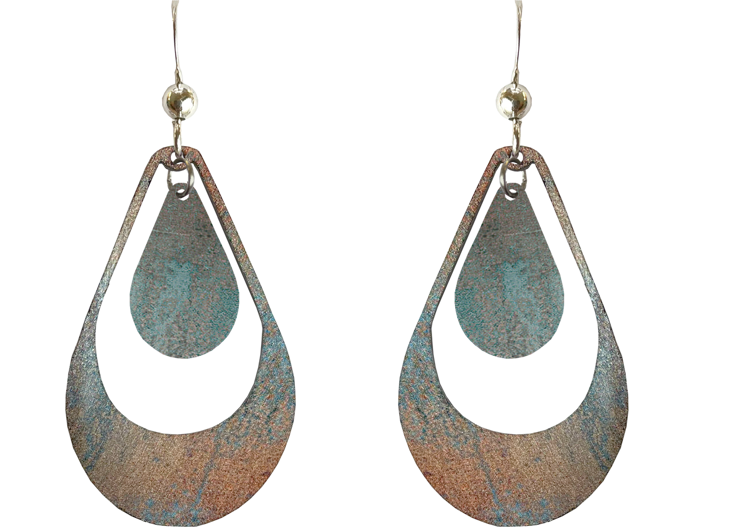 Turquoise Patina Double Open Tear Drop Earrings, Stainles Steel, Sterling Silver Earwires, Item# 2644