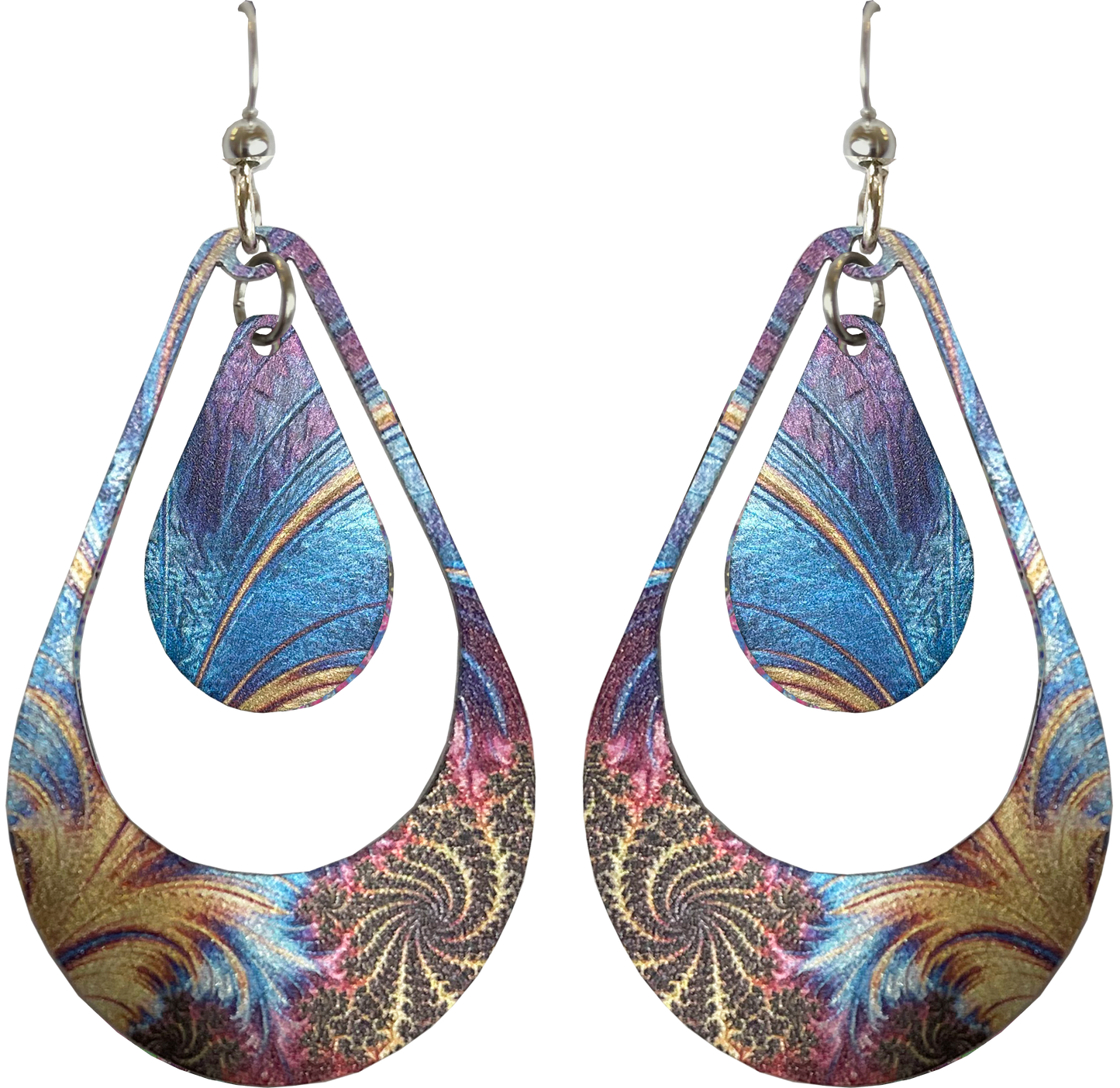 Gold Plume Double Open Tear Drop Earrings, Stainles Steel, Sterling Silver Earwires, Item# 2646