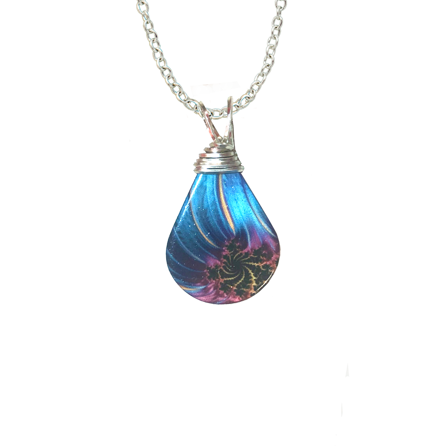 Blue and Gold Plume Tear Drop Necklace, Stainless Steel, 18" stainless steel chain, #4747X