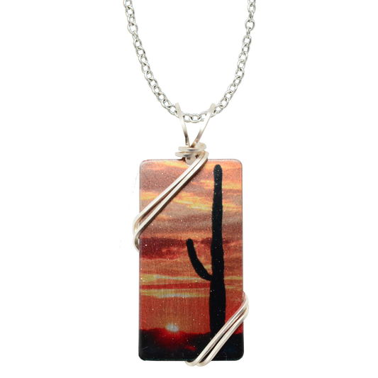 Cactus Sunset Necklace, 1.5" pendant with silver-plated wiring, Item# 4718X
