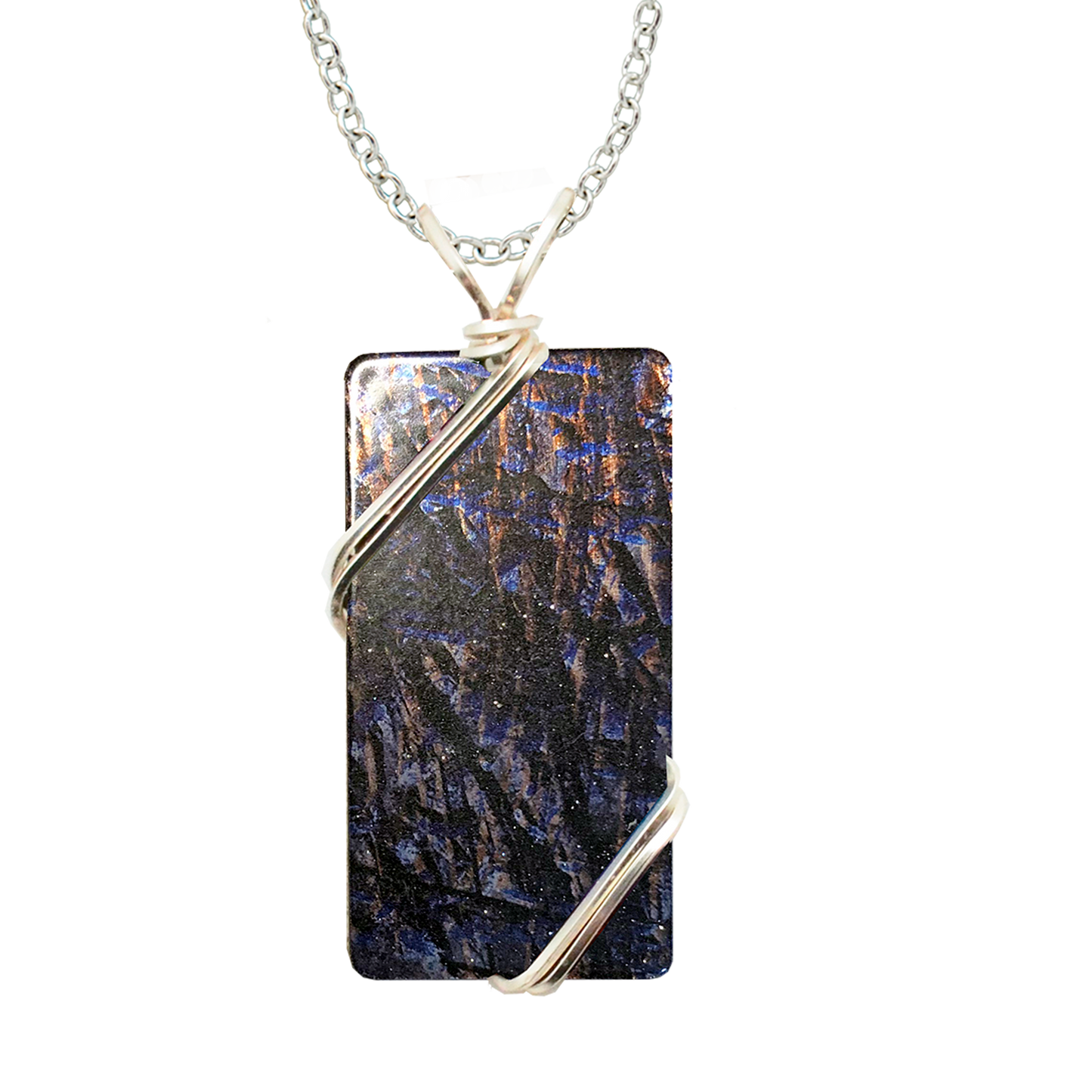 Blue Metal Grunge Necklace, 1.5" pendant with silver-plated wiring, Item# 4727X