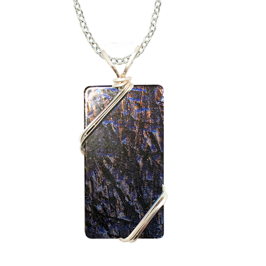 Blue Metal Grunge Necklace, 1.5" pendant with silver-plated wiring, Item# 4727X