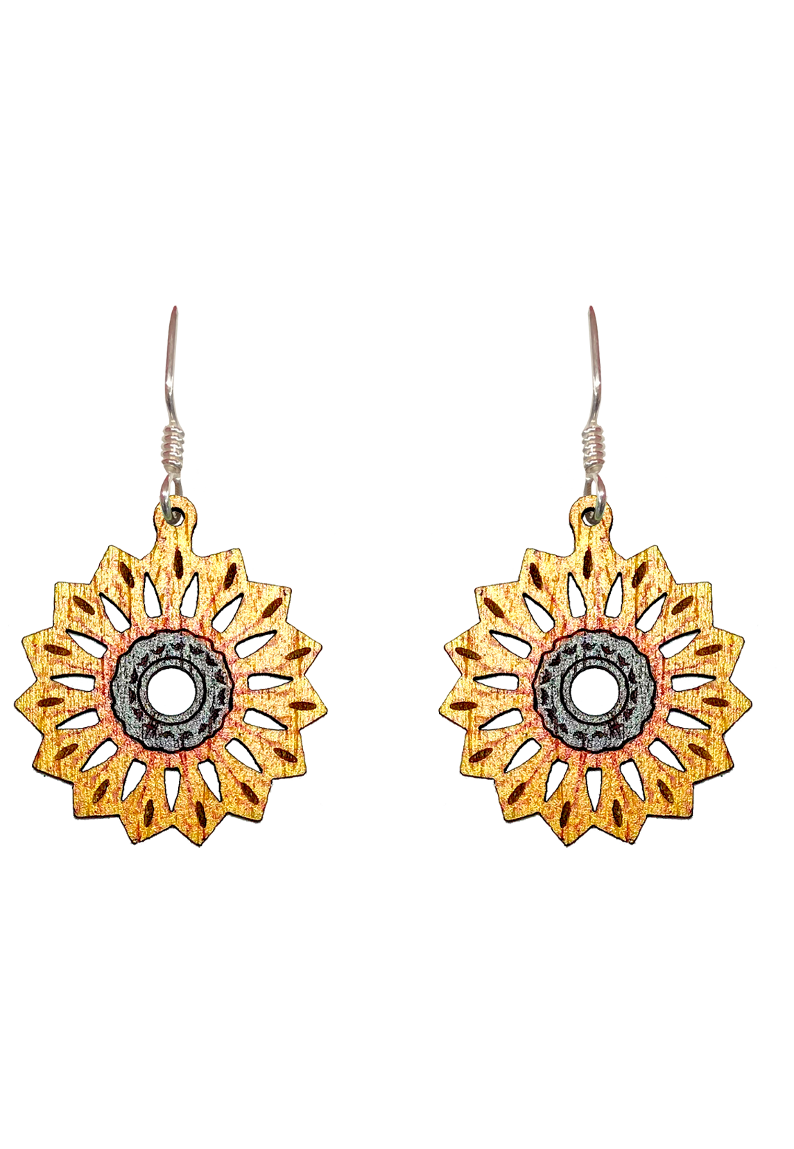 Mandala Sunflower, Wood Earrings, Filled Sterling Silver Earwires, Made in the U.S.A.