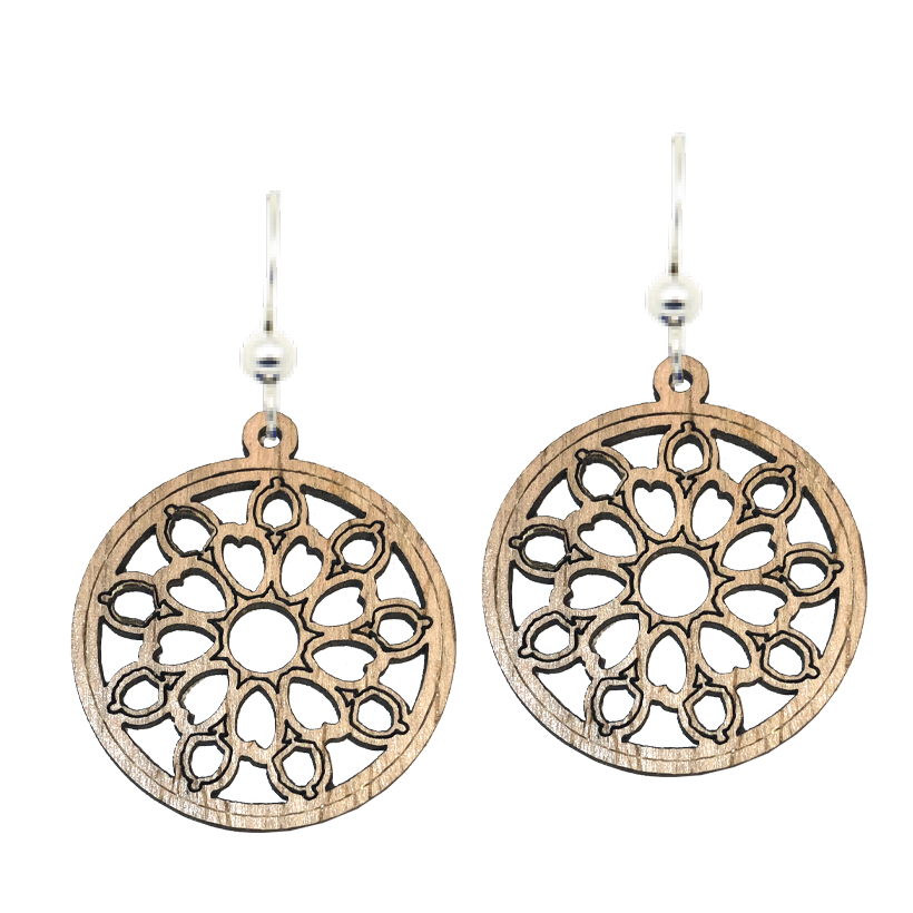 Mandala Circle Wood Earrings, Sterling Silver Earwires, Sustainably Sourced Wood