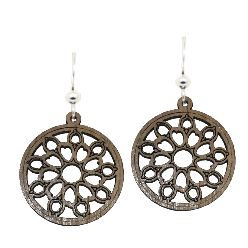 Mandala Circle Wood Earrings, Sterling Silver Earwires, Sustainably Sourced Wood