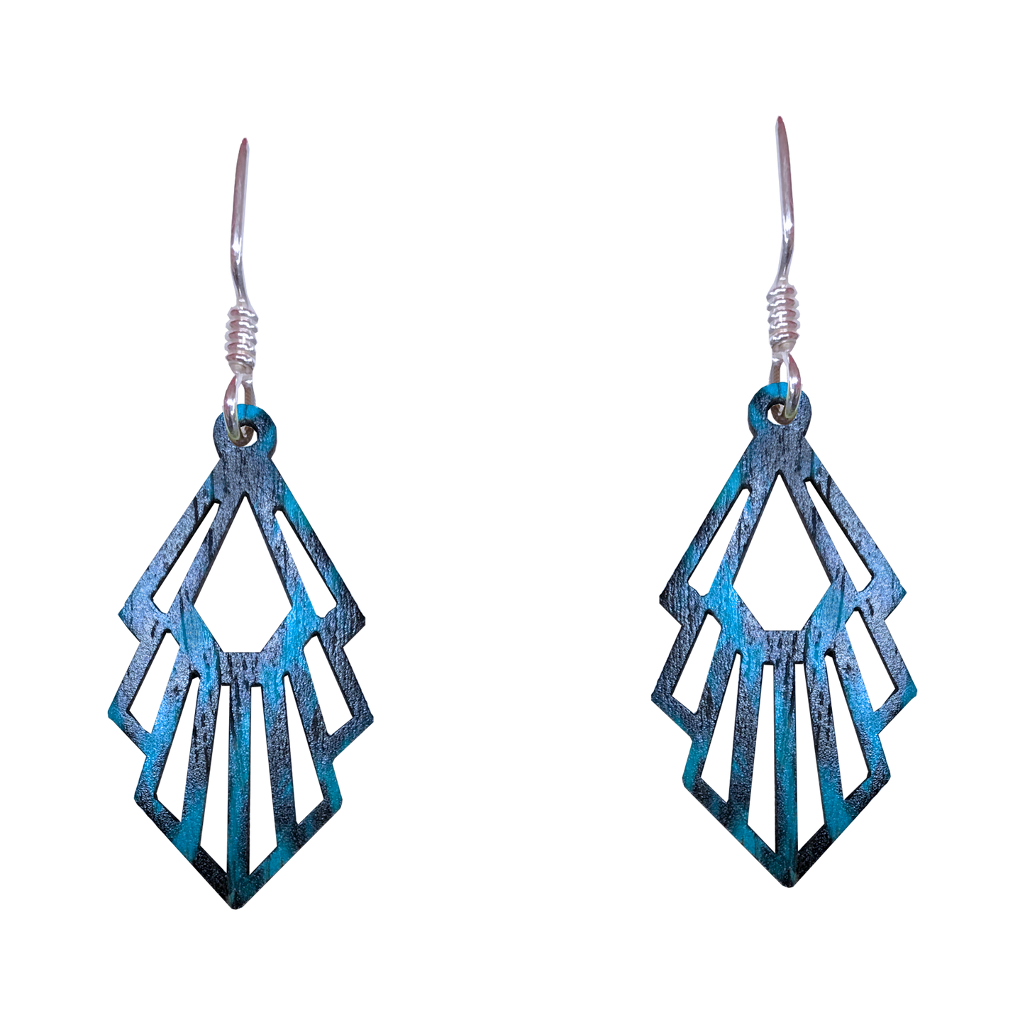 Blue & Black Abstract, Geometric Wood Earrings, Sterling Silver Earwires, Made in the U.S.A.