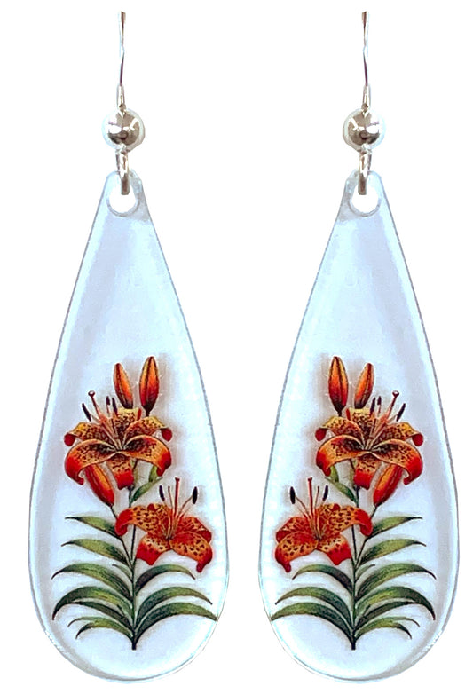 Tiger Lilly Floral Acrylic Earrings, non-tarnish Sterling Silver ear wires, #A102 by d'ears