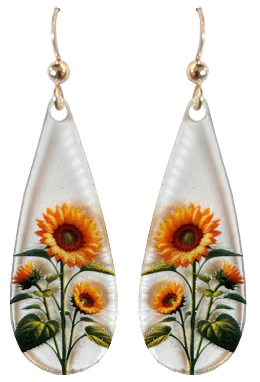 Sunflower Floral Acrylic Earrings, non-tarnish Sterling Silver ear wires, #A104 by d'ears