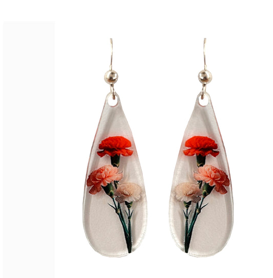 Carnation Floral Acrylic Earrings, non-tarnish Sterling Silver ear wires, #A106 by d'ears