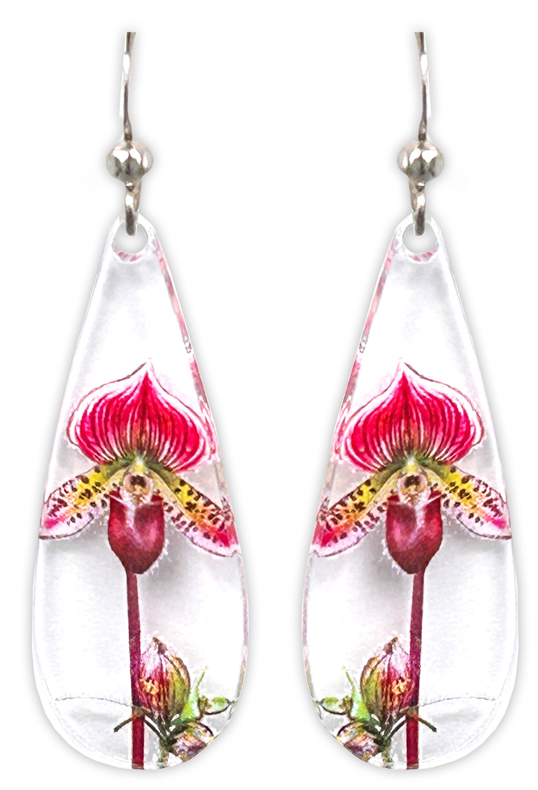 Lady Slipper Floral Acrylic Earrings, non-tarnish Sterling Silver ear wires, #A114 by d'ears
