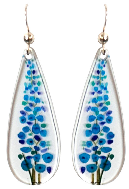 Blue Gladiolus Floral Acrylic Earrings, non-tarnish Sterling Silver ear wires, #A121 by d'ears