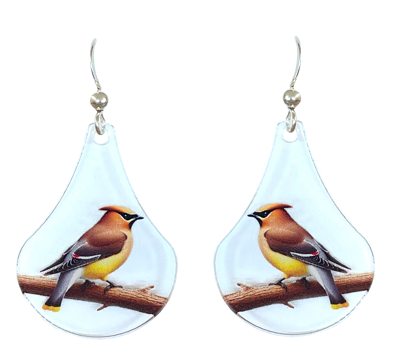 Cedar Waxwing Bird Acrylic Earrings, non-tarnish Sterling Silver ear wires, #A125 by d'ears