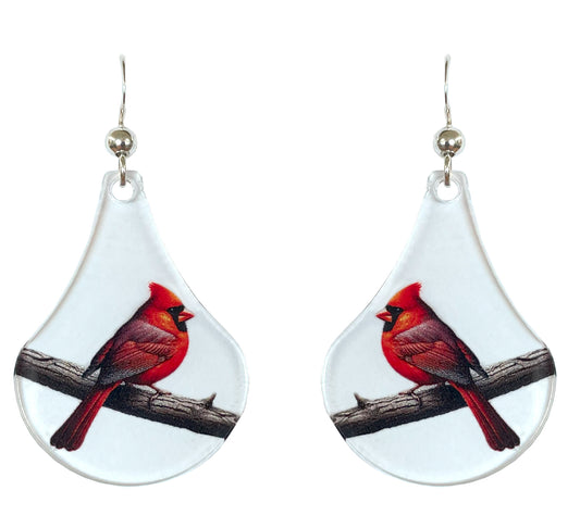 Red Cardinal Bird Acrylic Earrings, non-tarnish Sterling Silver ear wires, #A128 by d'ears