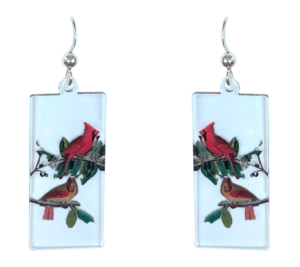 Cardinal Pair Bird Acrylic Earrings, non-tarnish Sterling Silver ear wires, #A132 by d'ears