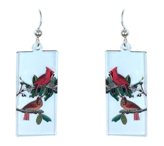 Cardinal Pair Bird Acrylic Earrings, non-tarnish Sterling Silver ear wires, #A132 by d'ears