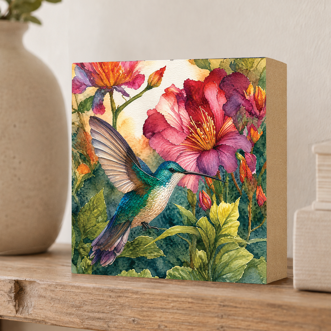 Teal Hummingbird Bird Decor, Block Art,  Shelf Sitter, Made in the U.S.A.
