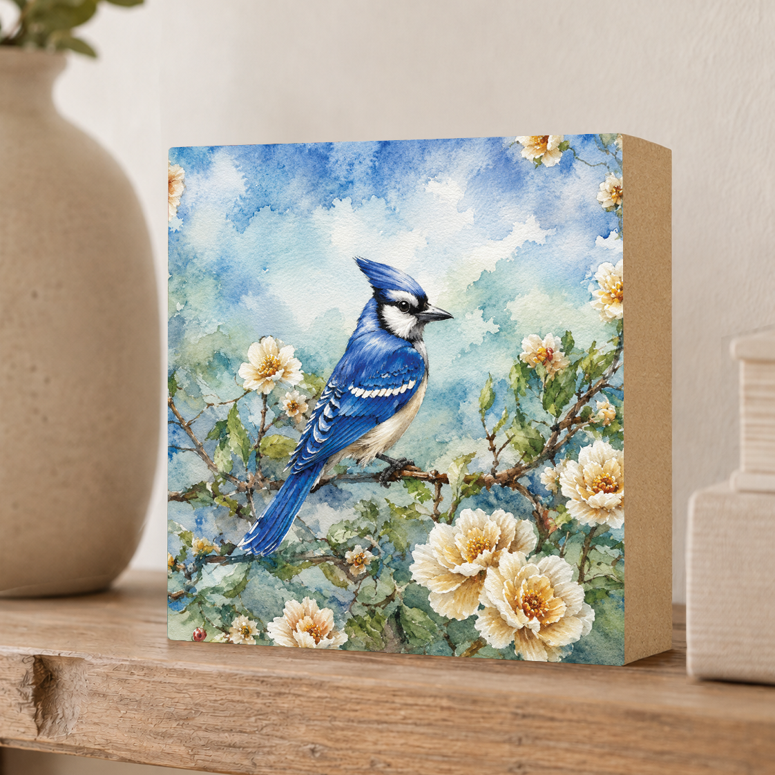 Bluejay Bird Decor, Block Art, Cabin Shelf Sitter, Made in the U.S.A.