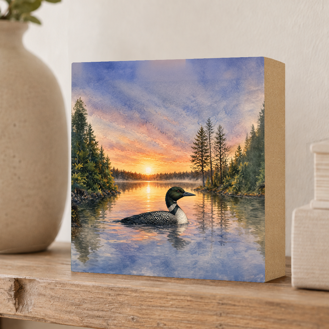 Loon Sunset Lake Decor, Block Art, Cabin Shelf Sitter, Made in the U.S.A.