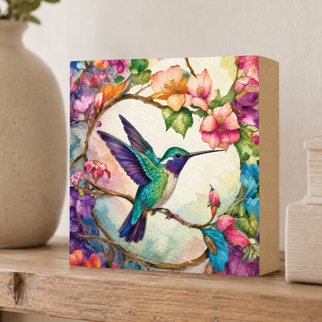 Ruby Throated Hummingbird, Block Art, Cabin Shelf Sitter, Made in the U.S.A.