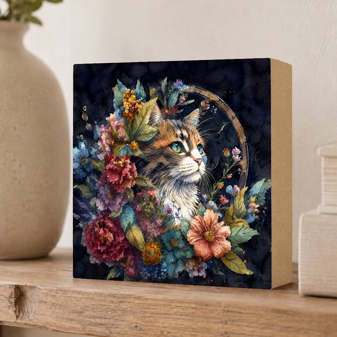 Colorful Cat, Block Art, Cabin Shelf Sitter, Made in the U.S.A. by small family business