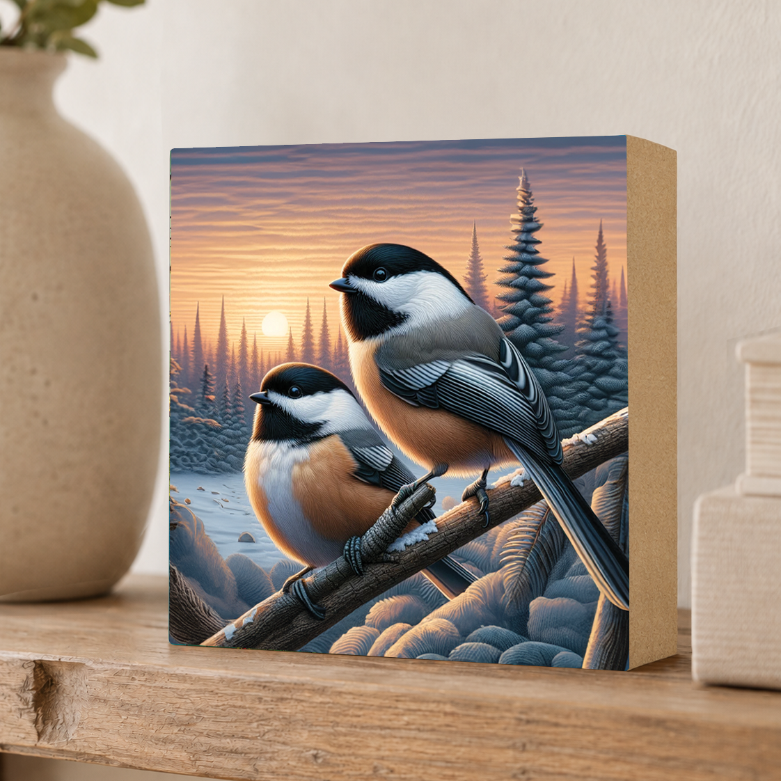 Chickadee Bird Decor, Block Art, Cabin Shelf Sitter, Made in the U.S.A.