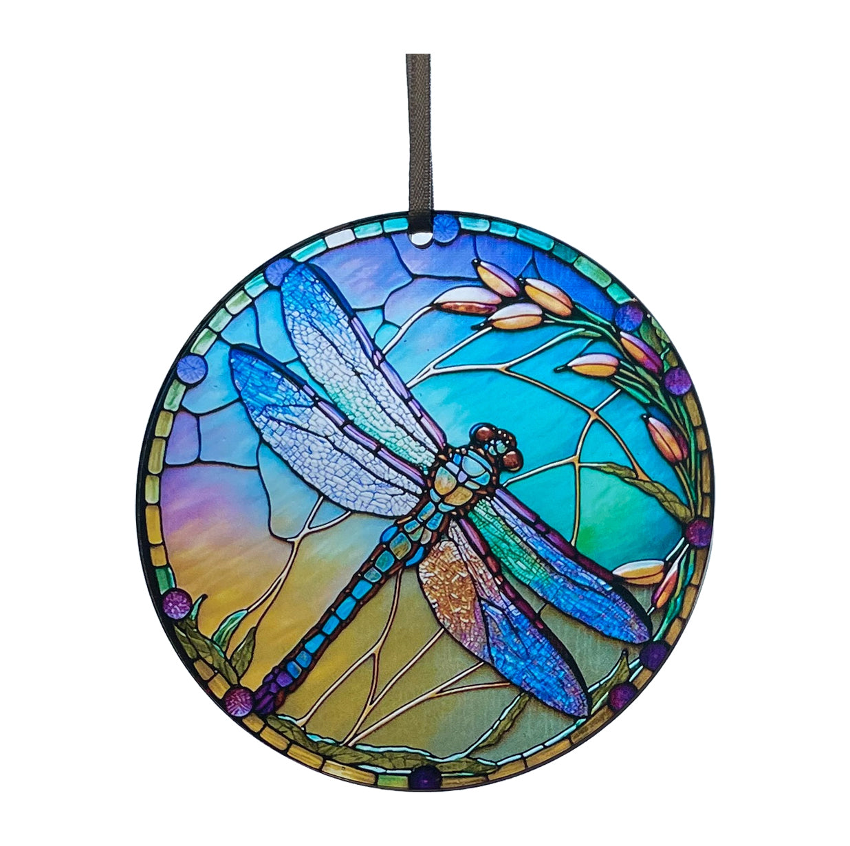  beautiful round dragonfly window ornament with a ribbonith a