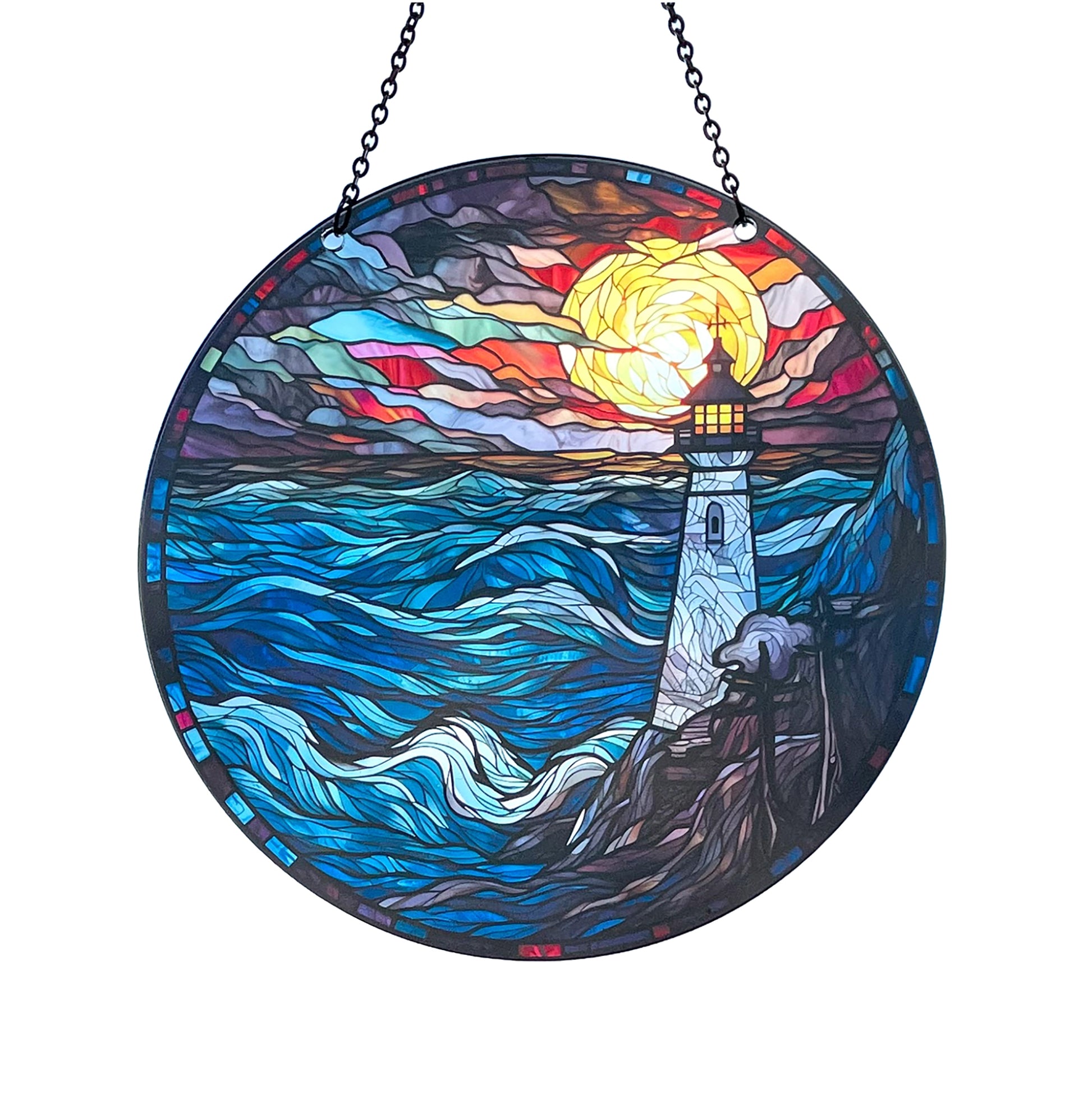 colorful round suncatcher with illustration of lighthouse on stormy night