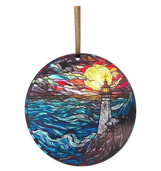 colorful round window ornament depicting a lighthouse and stormy sea