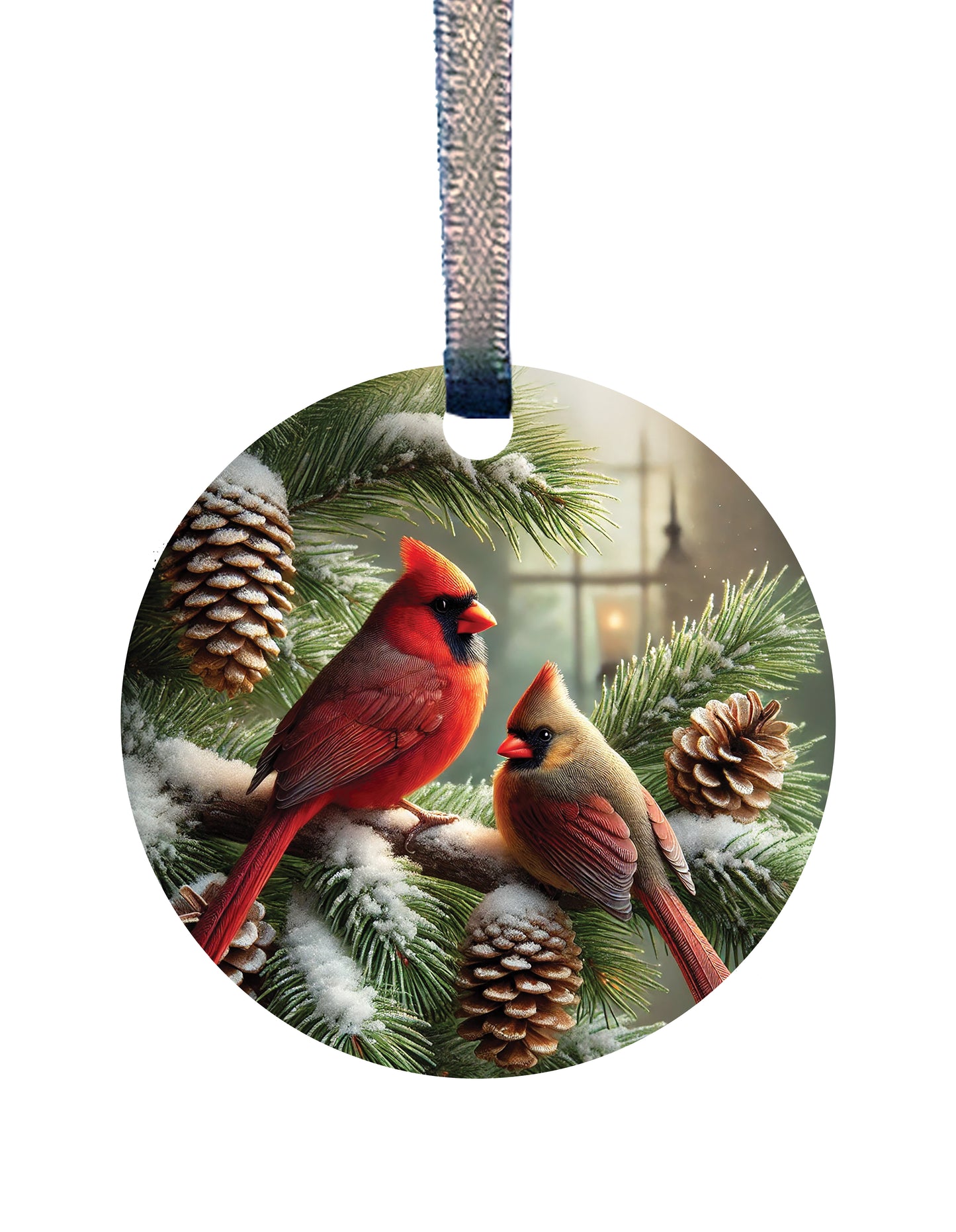 Cardinal Ornament Set of SIX- Two Designs (Three Each) - 2 in Acrylic Window Ornament - Gift Tag - Hanging Ribbon Included - Cardinal Pair - Christmas Cardinals - Made in The USA - Minnesota Made