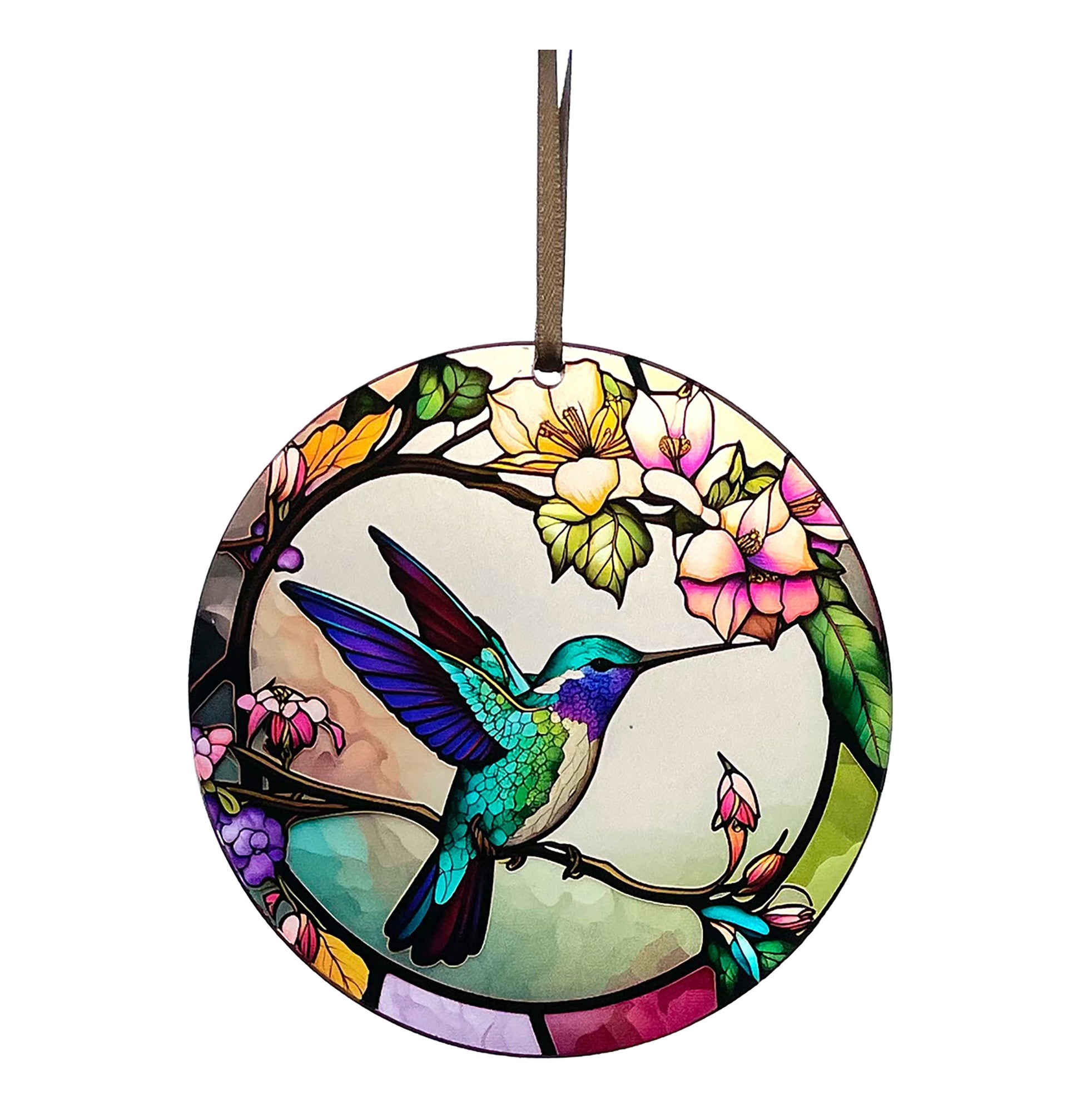 beautiful round ruby throated suncatcher with ribbon for hangingwith 