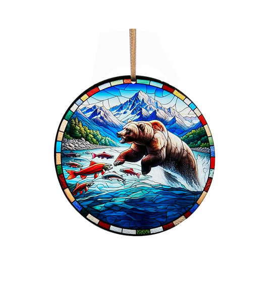 Brown Bear and Salmon Acrylic Window Ornament #SC349