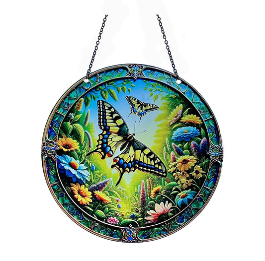 colorul round suncatcher showing tiger swallowtails in a floral scene