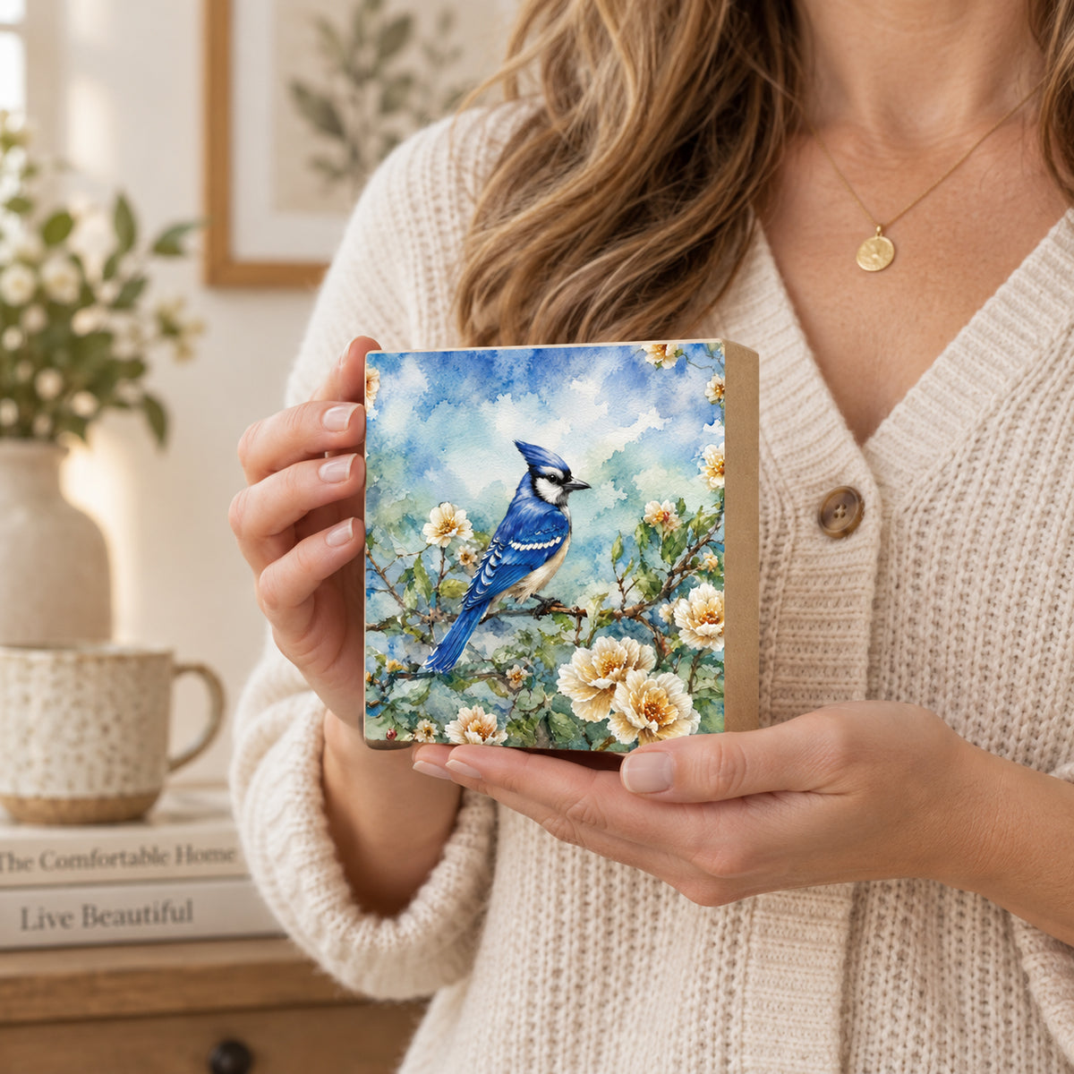 Bluejay Bird Decor, Block Art, Cabin Shelf Sitter, Made in the U.S.A.