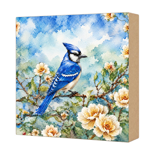 Bluejay Bird Decor, Block Art, Cabin Shelf Sitter, Made in the U.S.A.