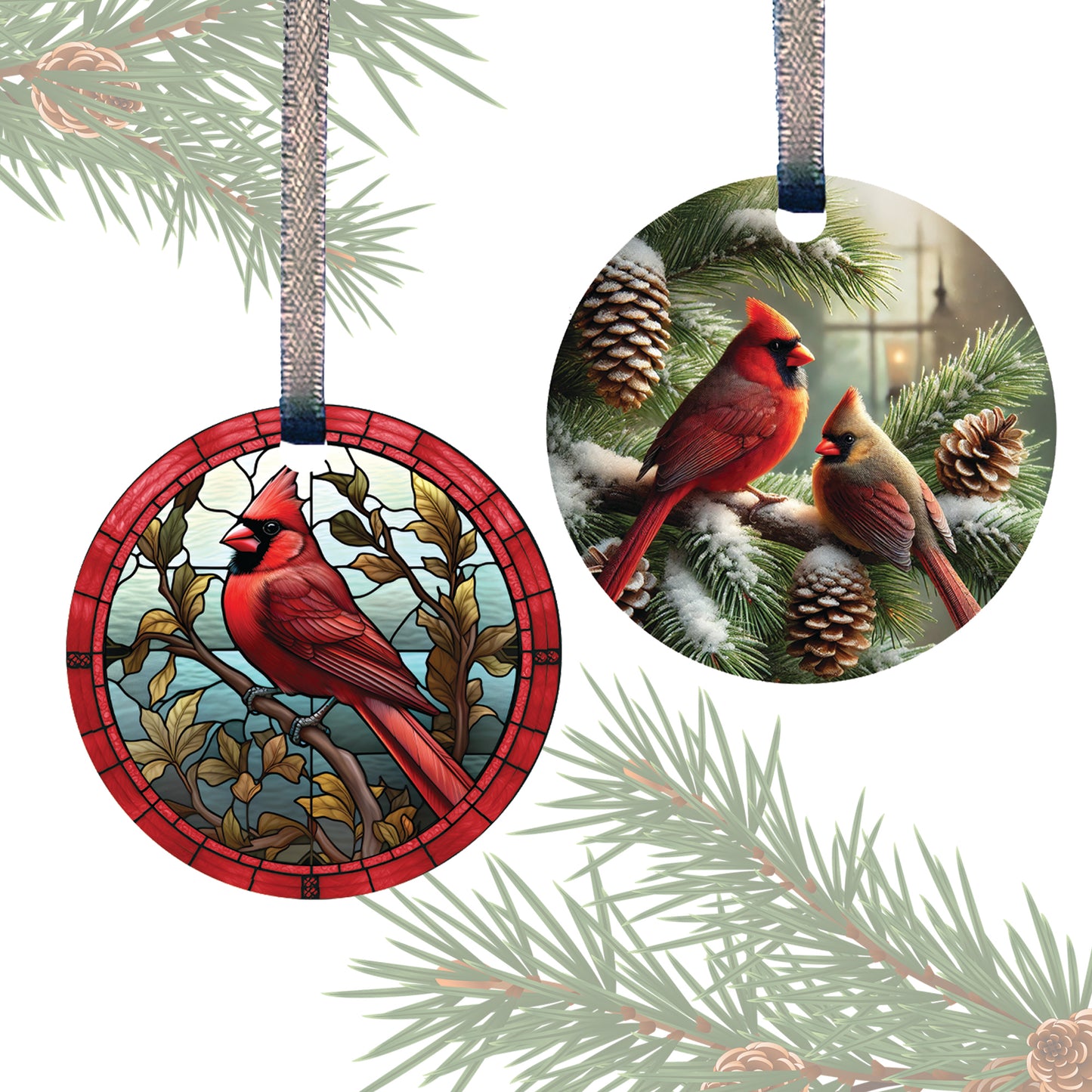 Cardinal Ornament Set of SIX- Two Designs (Three Each) - 2 in Acrylic Window Ornament - Gift Tag - Hanging Ribbon Included - Cardinal Pair - Christmas Cardinals - Made in The USA - Minnesota Made