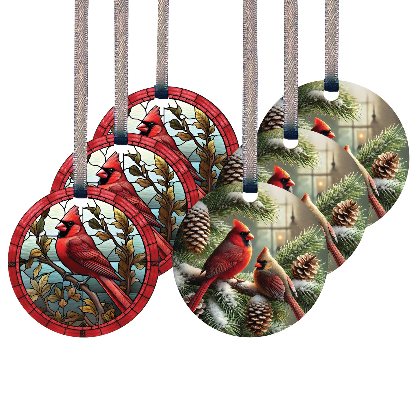 Cardinal Ornament Set of SIX- Two Designs (Three Each) - 2 in Acrylic Window Ornament - Gift Tag - Hanging Ribbon Included - Cardinal Pair - Christmas Cardinals - Made in The USA - Minnesota Made